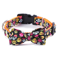 HKM-185043 Geometric Pattern Cat Collar with Holiday Ornaments in Black Ghost, Yellow Pumpkin, and Black Skull