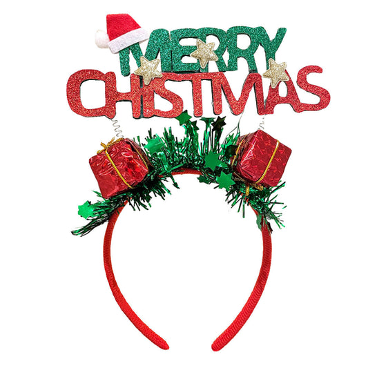 HKM-185491 Christmas-Themed Hairband with Decorations like Antlers, Santa Claus, and Colorful Bow for Holiday Fun