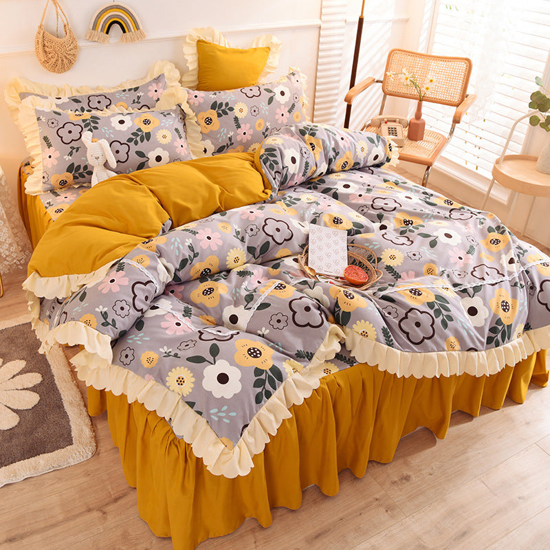 HKM-186195 Girly Heart Lace Bed Skirt and Duvet Cover Set in Various Floral Colors for 1.5m and 1.8m Beds