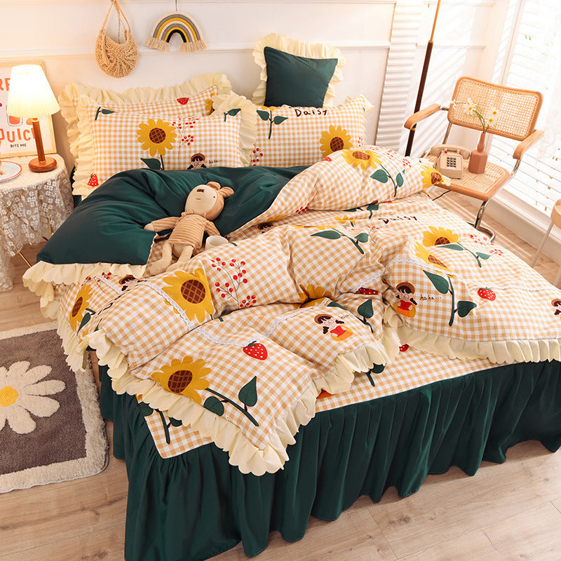 HKM-186195 Girly Heart Lace Bed Skirt and Duvet Cover Set in Various Floral Colors for 1.5m and 1.8m Beds