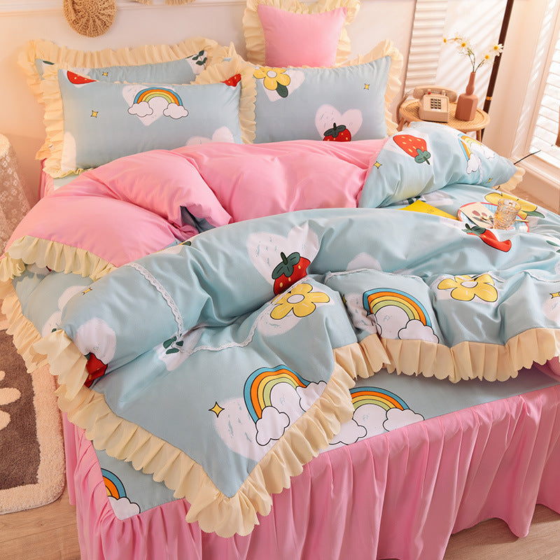 HKM-186195 Girly Heart Lace Bed Skirt and Duvet Cover Set in Various Floral Colors for 1.5m and 1.8m Beds