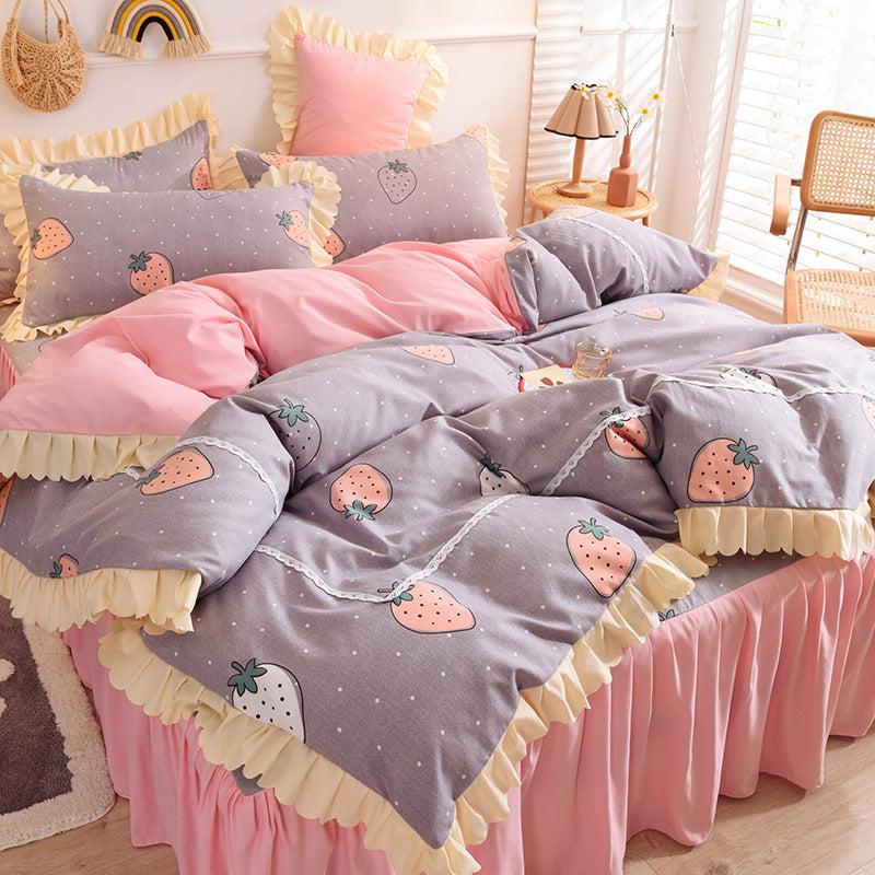 HKM-186195 Girly Heart Lace Bed Skirt and Duvet Cover Set in Various Floral Colors for 1.5m and 1.8m Beds