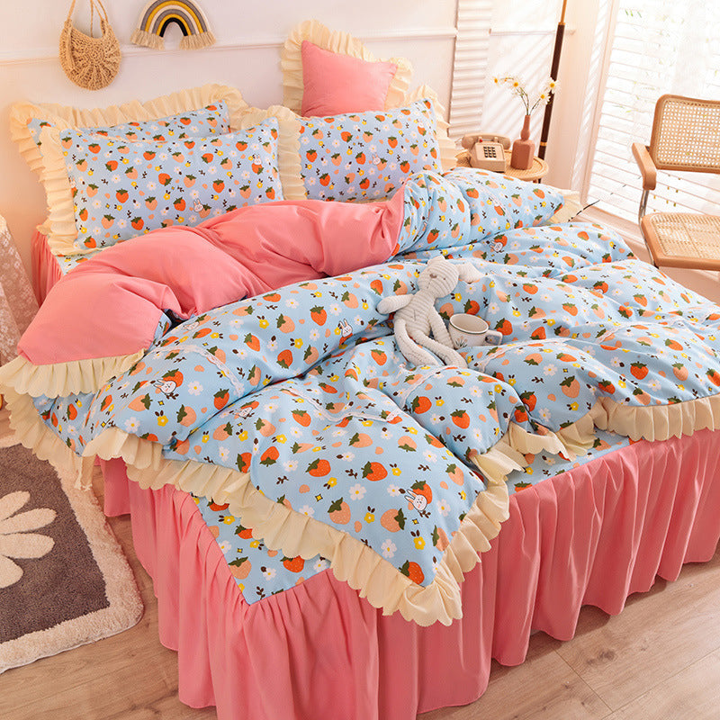 HKM-186195 Girly Heart Lace Bed Skirt and Duvet Cover Set in Various Floral Colors for 1.5m and 1.8m Beds