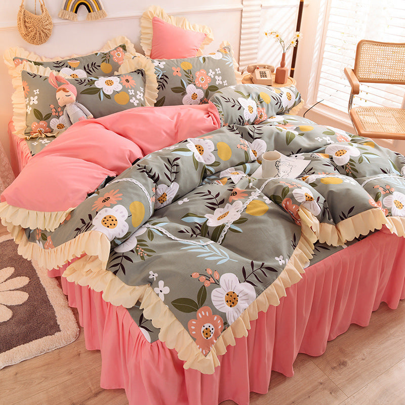 HKM-186195 Girly Heart Lace Bed Skirt and Duvet Cover Set in Various Floral Colors for 1.5m and 1.8m Beds