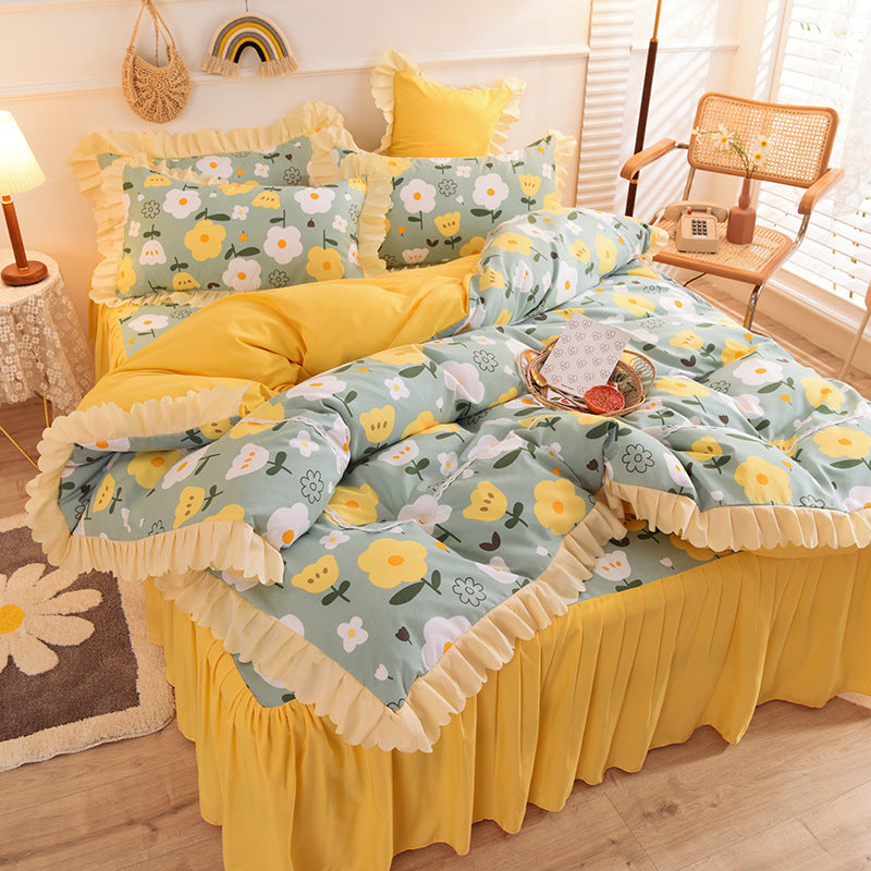 HKM-186195 Girly Heart Lace Bed Skirt and Duvet Cover Set in Various Floral Colors for 1.5m and 1.8m Beds