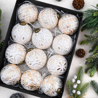 HKM-186323 Retro Christmas Ball Set - 12pcs 8CM Decorative Ornaments in Brown and White Gold, Half-Handmade Plastic