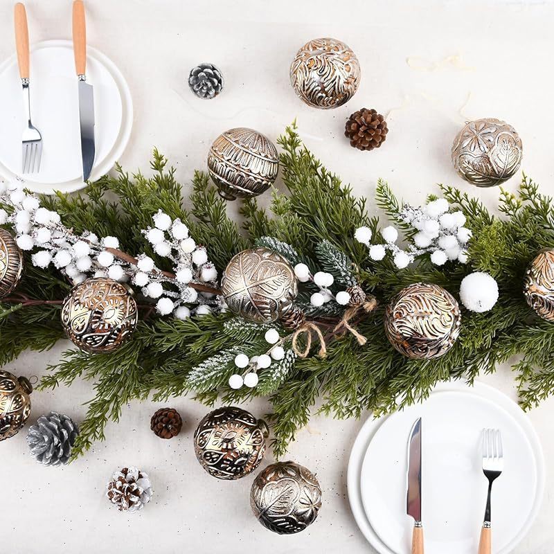 HKM-186323 Retro Christmas Ball Set - 12pcs 8CM Decorative Ornaments in Brown and White Gold, Half-Handmade Plastic