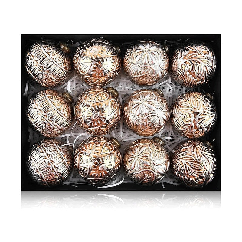 HKM-186323 Retro Christmas Ball Set - 12pcs 8CM Decorative Ornaments in Brown and White Gold, Half-Handmade Plastic