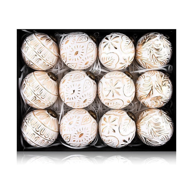 HKM-186323 Retro Christmas Ball Set - 12pcs 8CM Decorative Ornaments in Brown and White Gold, Half-Handmade Plastic