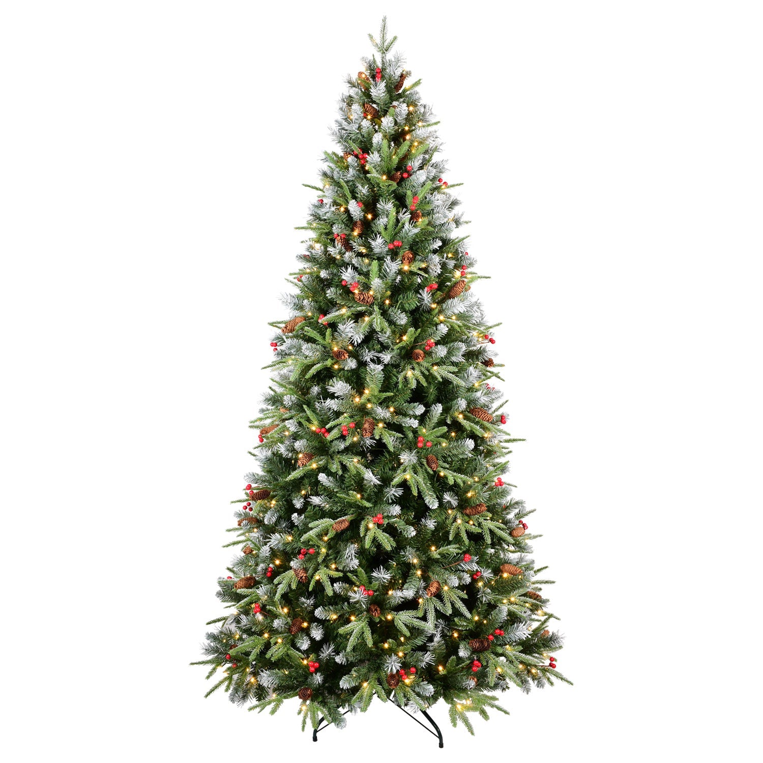 HKM-186963 Pre-lit PE/PVC Christmas Tree with Red Fruits and Pine Cones, Multiple Sizes Available