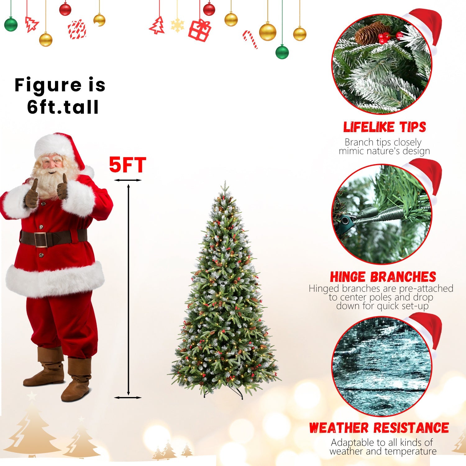 HKM-186963 Pre-lit PE/PVC Christmas Tree with Red Fruits and Pine Cones, Multiple Sizes Available
