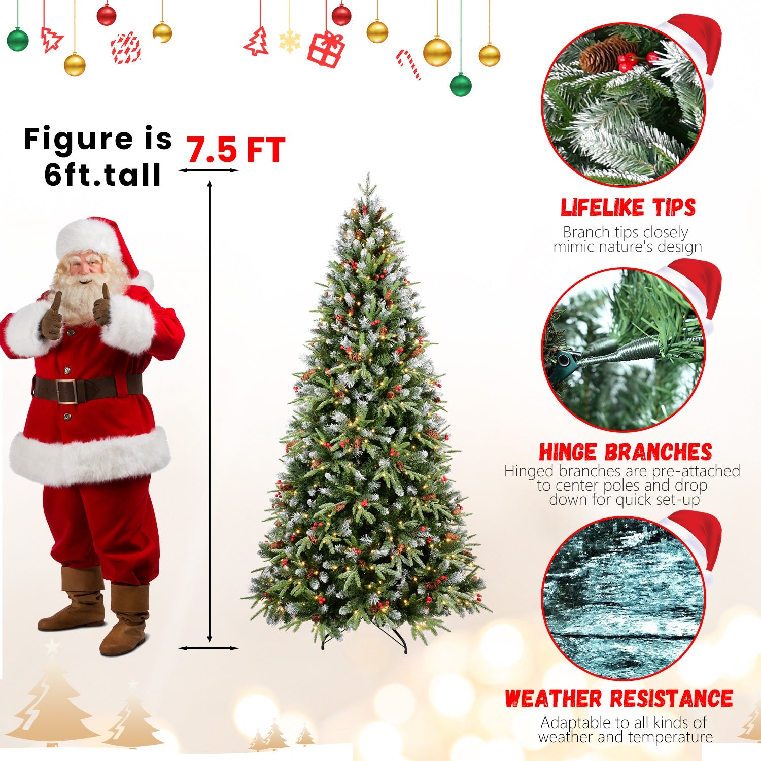 HKM-186963 Pre-lit PE/PVC Christmas Tree with Red Fruits and Pine Cones, Multiple Sizes Available