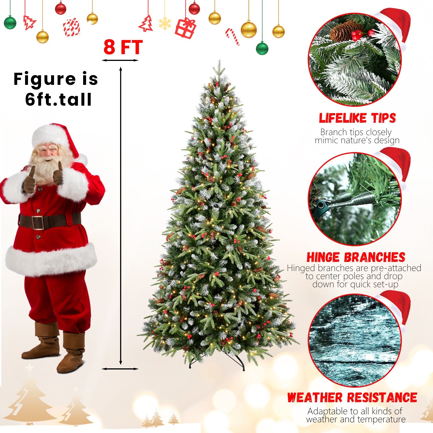 HKM-186963 Pre-lit PE/PVC Christmas Tree with Red Fruits and Pine Cones, Multiple Sizes Available