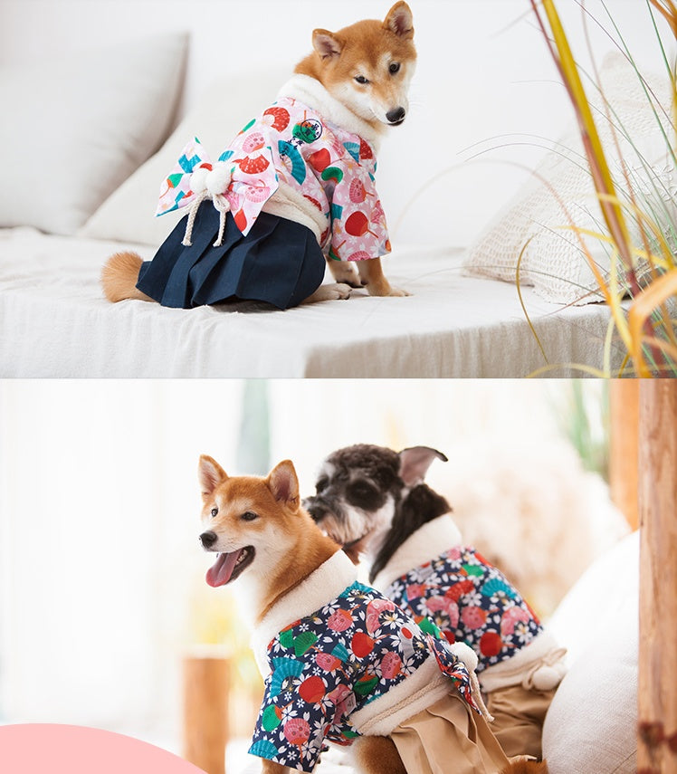 HKM-187155 Flower Pattern Japanese Kimono Style Dog Winter Clothes - Cotton/Polyester, Multiple Sizes Available