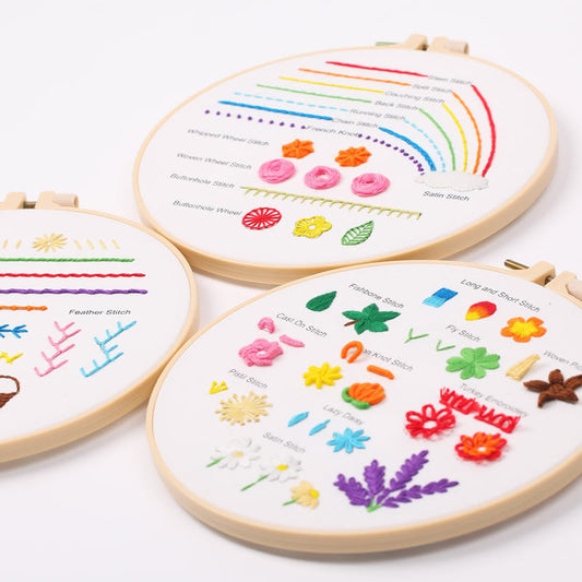 HKM-187347 Embroidery Beginner Material Package Kit with Flower and Leaf Patterns, Includes Frame and Accessories