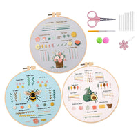 HKM-187347 Embroidery Beginner Material Package Kit with Flower and Leaf Patterns, Includes Frame and Accessories
