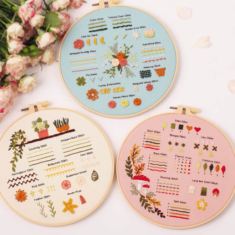 HKM-187347 Embroidery Beginner Material Package Kit with Flower and Leaf Patterns, Includes Frame and Accessories