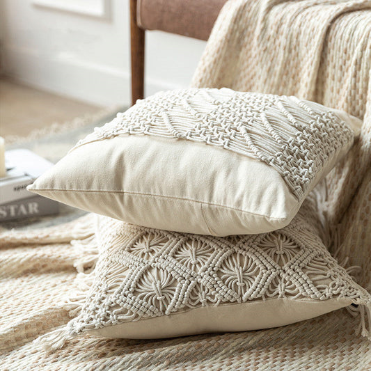 HKM-187731 Hand-Woven Cotton Thread Cushion Cover - 45x45 cm & 40x40 cm Options with Invisible Zipper