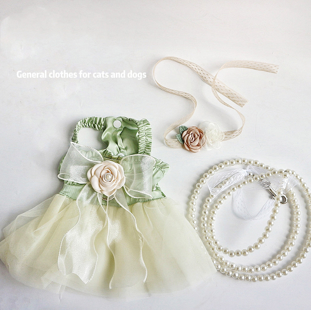 HKM-188115 Elegant Green Dog and Cat Outfit with Traction Skirt, Collar, and Rope - Multiple Sizes Available