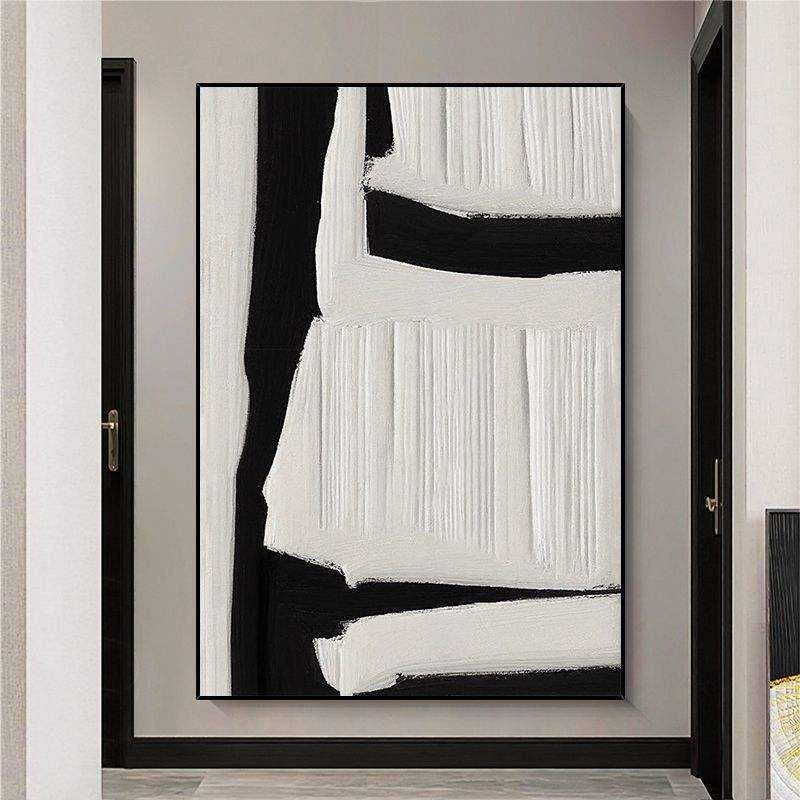 KTX-188435 Large Black and White Abstract Textured Wall Art - Handmade Oil Painting on Canvas for Modern Home Decor