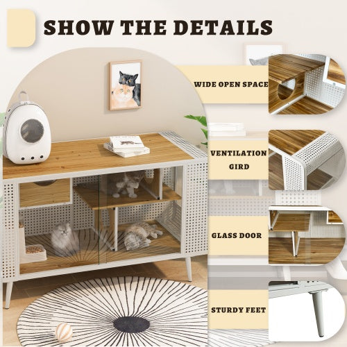 HKM-189651 Spacious Cat House with Tempered Glass Doors for Living Rooms and Dens