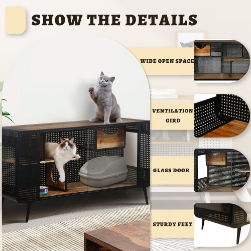 HKM-189651 Spacious Cat House with Tempered Glass Doors for Living Rooms and Dens