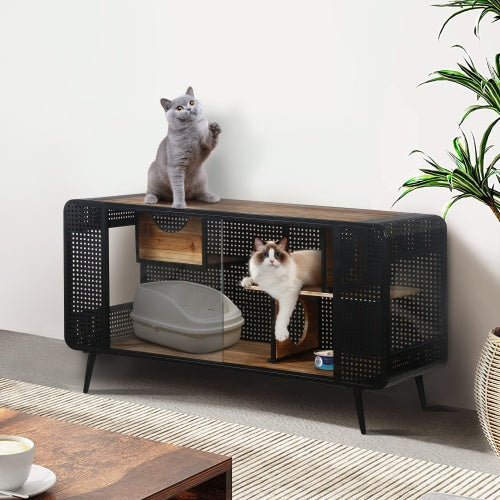 HKM-189651 Spacious Cat House with Tempered Glass Doors for Living Rooms and Dens