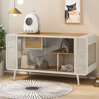 HKM-189651 Spacious Cat House with Tempered Glass Doors for Living Rooms and Dens