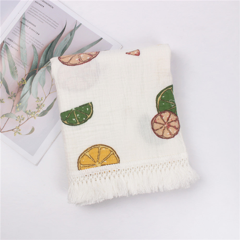 HKM-189971 Children's Pure Cotton Printed Tassel Blanket - Soft, Skin-Friendly Baby Gauze for All Seasons (100x120cm)
