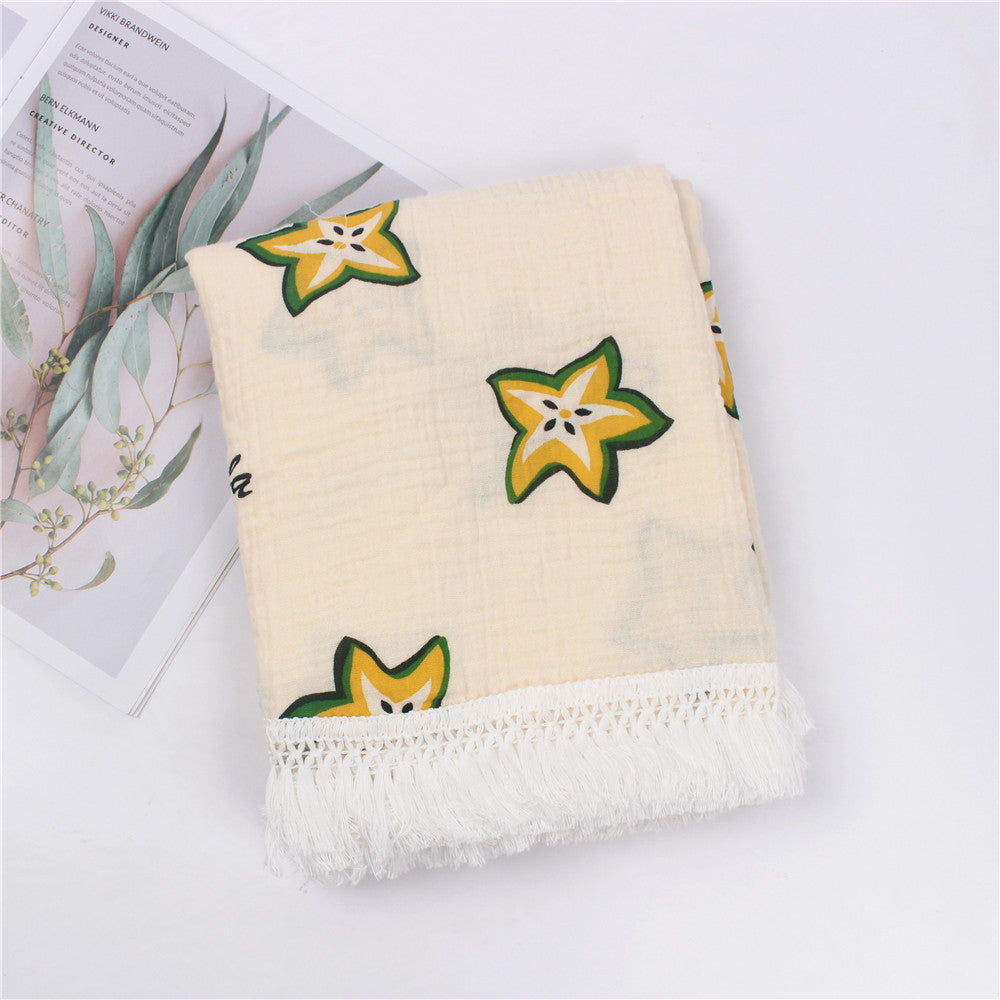 HKM-189971 Children's Pure Cotton Printed Tassel Blanket - Soft, Skin-Friendly Baby Gauze for All Seasons (100x120cm)
