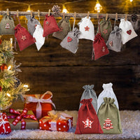 HKM-190419 Christmas Linen Gift Bag Set with 24 Bags, Clips, Stickers, and Hemp Rope - Perfect for Holiday Gifting