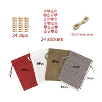 HKM-190419 Christmas Linen Gift Bag Set with 24 Bags, Clips, Stickers, and Hemp Rope - Perfect for Holiday Gifting