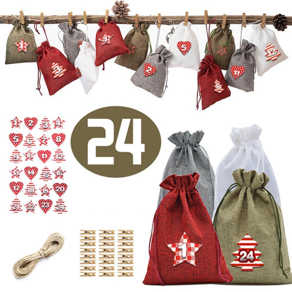 HKM-190419 Christmas Linen Gift Bag Set with 24 Bags, Clips, Stickers, and Hemp Rope - Perfect for Holiday Gifting