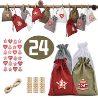HKM-190419 Christmas Linen Gift Bag Set with 24 Bags, Clips, Stickers, and Hemp Rope - Perfect for Holiday Gifting