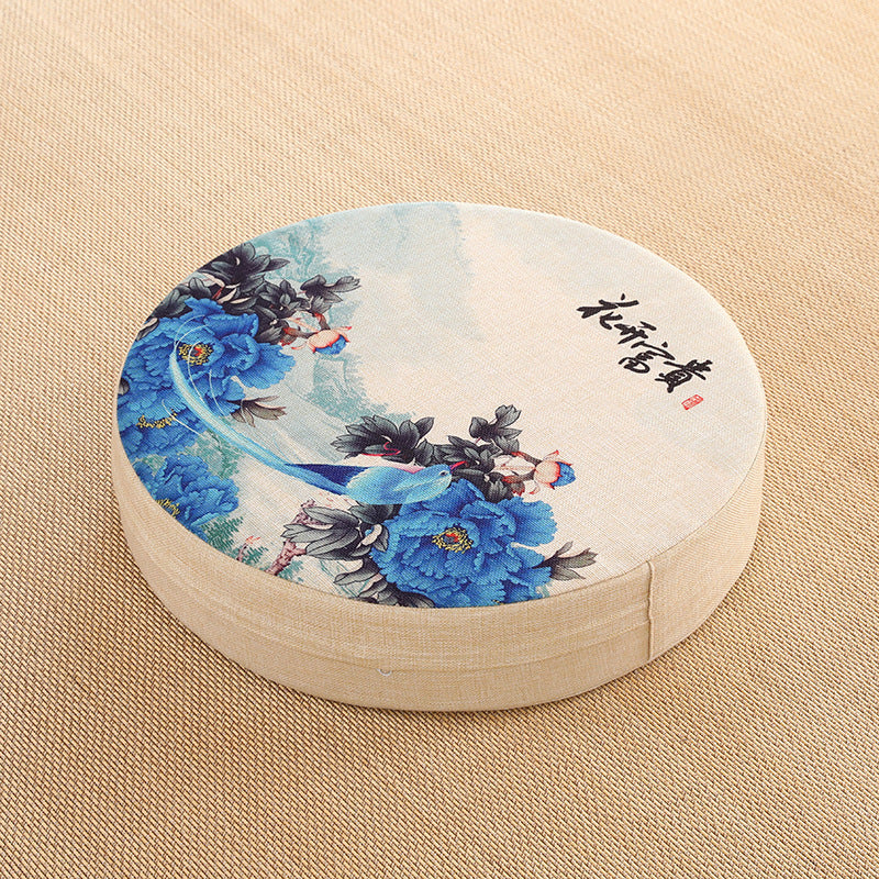 HKM-191123 Embroidered Cotton and Linen Round Cushion Mat, 40cm Diameter, 6cm Thickness