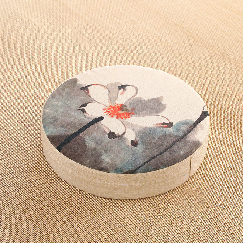 HKM-191123 Embroidered Cotton and Linen Round Cushion Mat, 40cm Diameter, 6cm Thickness