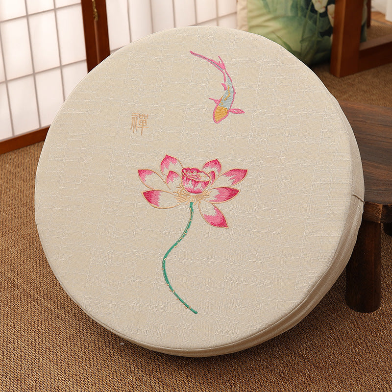 HKM-191123 Embroidered Cotton and Linen Round Cushion Mat, 40cm Diameter, 6cm Thickness