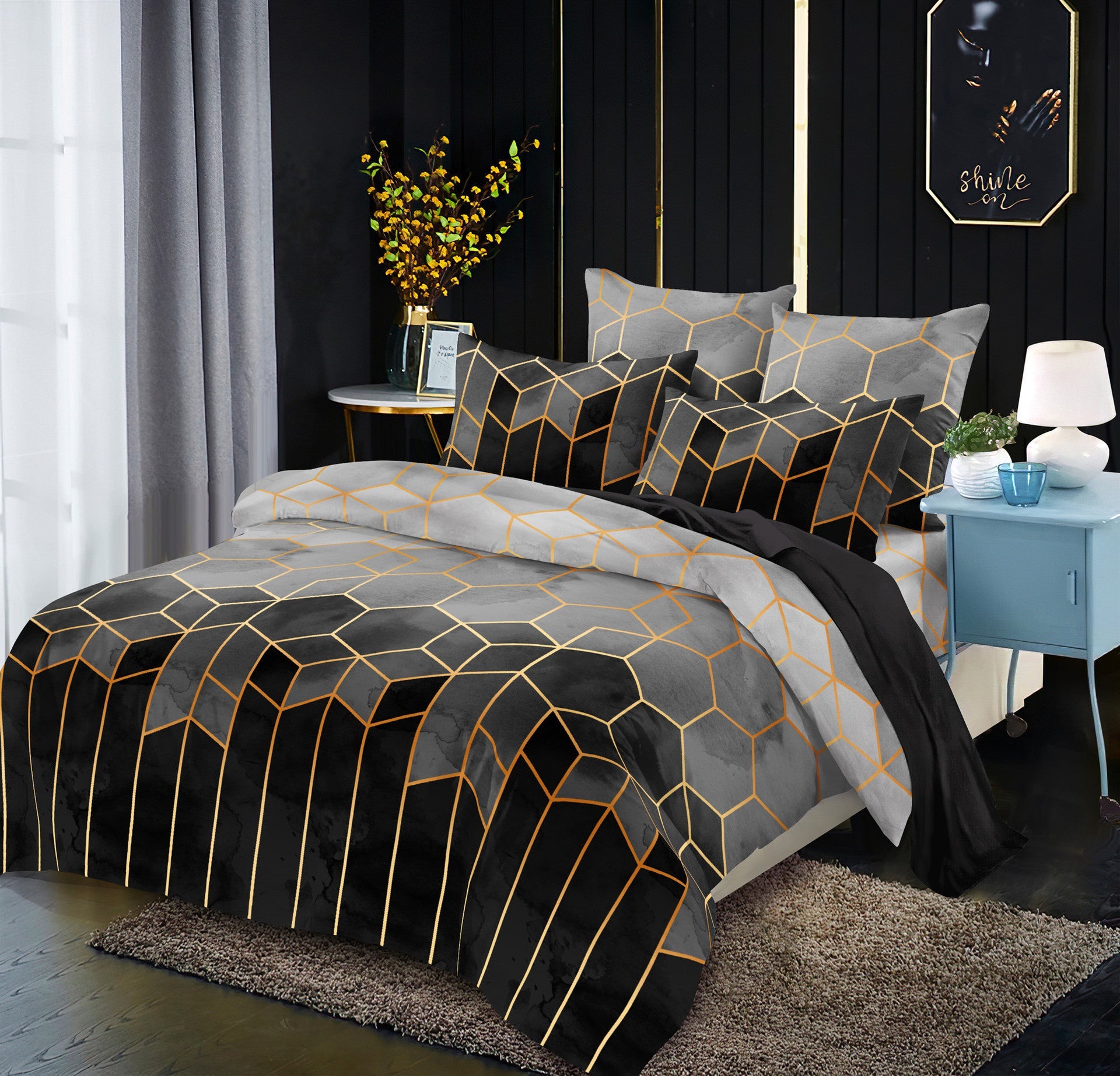 HKM-191123 Gilt Line Geometric Elements Quilt Cover Set - Polyester Bedding with Plain Jacquard Design