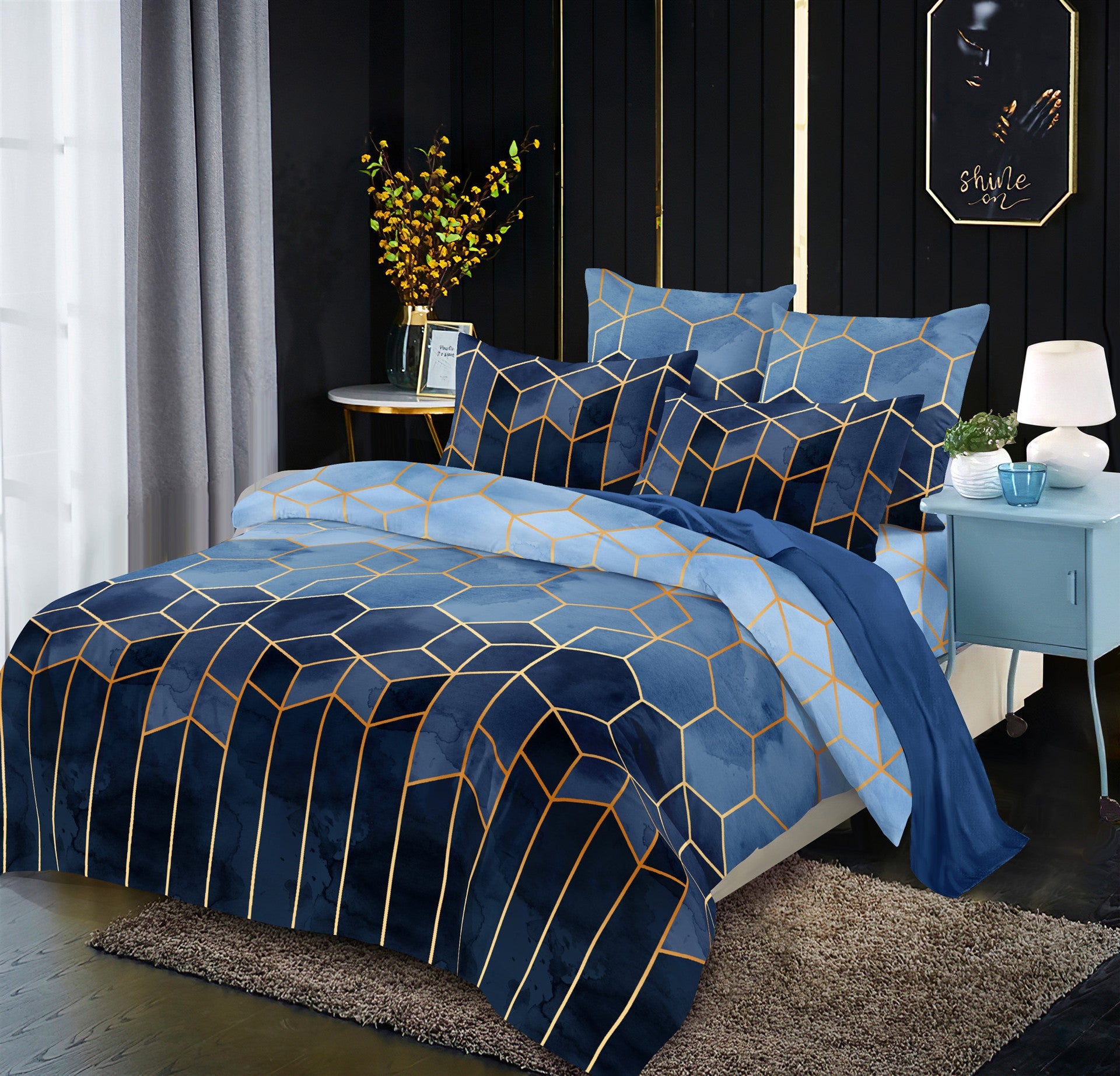 HKM-191123 Gilt Line Geometric Elements Quilt Cover Set - Polyester Bedding with Plain Jacquard Design