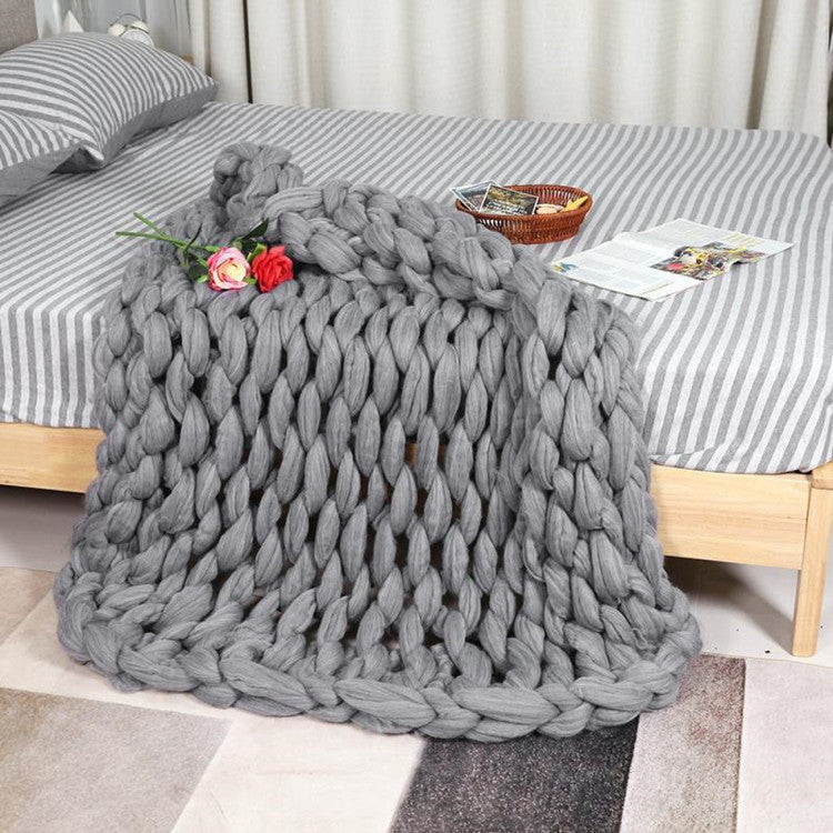 HKM-191635 Thick Knitted Grey Nordic Style Blanket - Super Soft Polyester Fiber Warm Covering 97x77cm