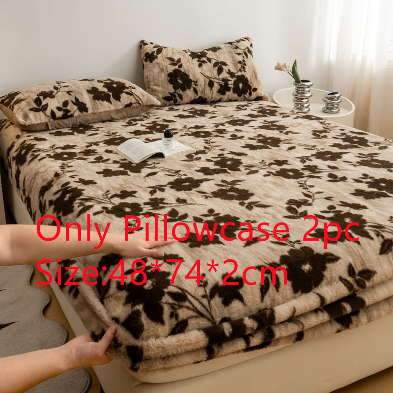 HKM-191955 Class A Thickened Thermal Velvet Bedspread with Plant and Flower Pattern - Milk Fiber Fitted Sheet Set