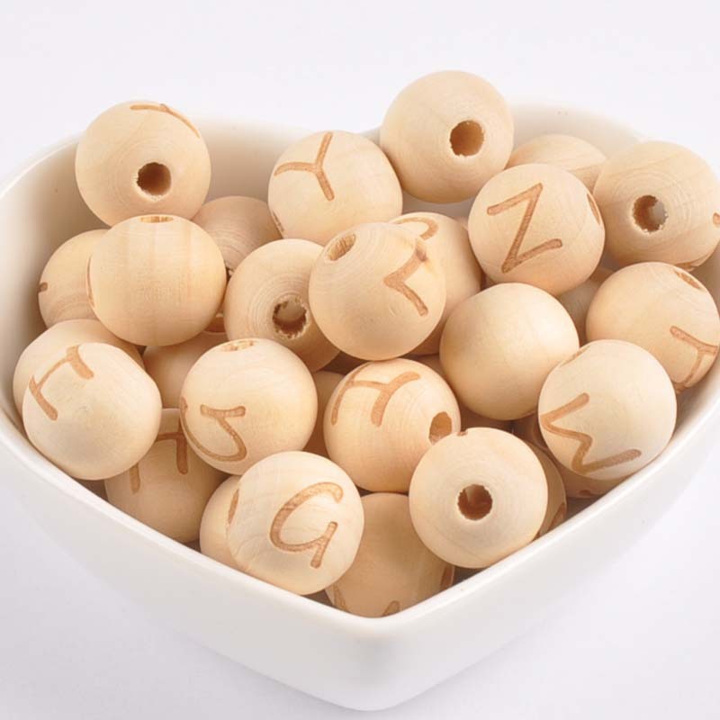 HKM-192787 26 English Letters Small Hole Lotus Wood Log Beads – 14mm, Single-Sided, 50/100pcs