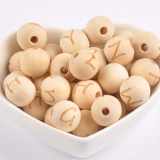 HKM-192787 26 English Letters Small Hole Lotus Wood Log Beads – 14mm, Single-Sided, 50/100pcs