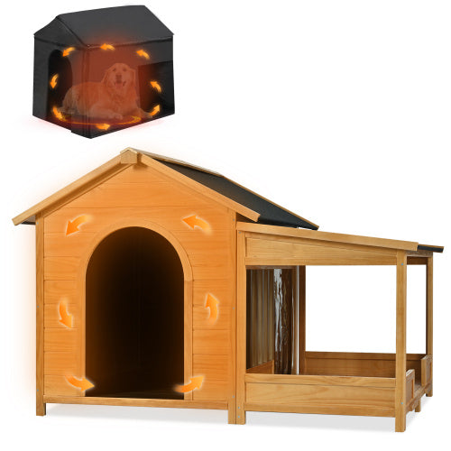 HKM-193107 Large Outdoor Insulated Dog House with Porch, Elevated Floor, and Waterproof Roof for Medium to Large Dogs
