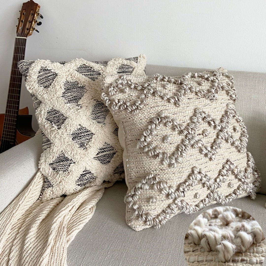 HKM-193235 Handwoven Beige Geometric Throw Pillow Cover with Tassels, 45x45cm