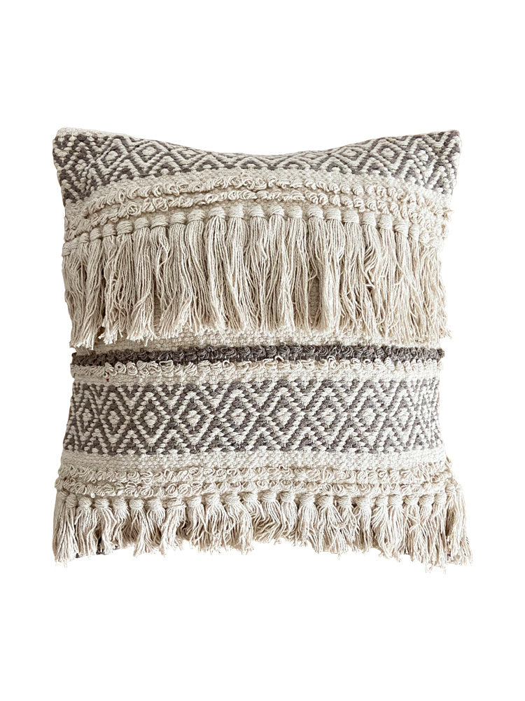 HKM-193235 Handwoven Beige Geometric Throw Pillow Cover with Tassels, 45x45cm