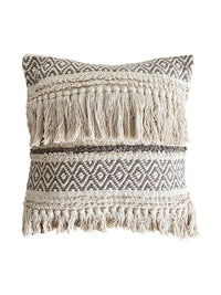 HKM-193235 Handwoven Beige Geometric Throw Pillow Cover with Tassels, 45x45cm