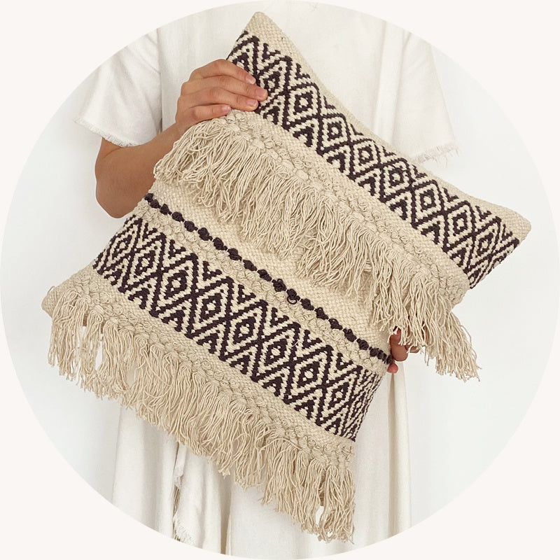 HKM-193235 Handwoven Beige Geometric Throw Pillow Cover with Tassels, 45x45cm