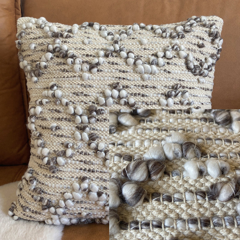 HKM-193235 Handwoven Beige Geometric Throw Pillow Cover with Tassels, 45x45cm