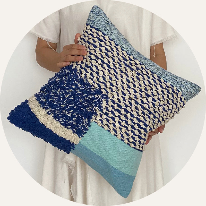 HKM-193235 Handwoven Beige Geometric Throw Pillow Cover with Tassels, 45x45cm